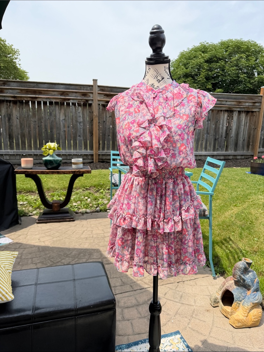 Misa Los Angeles Pink Floral Ruffle Tiered Midi Dress